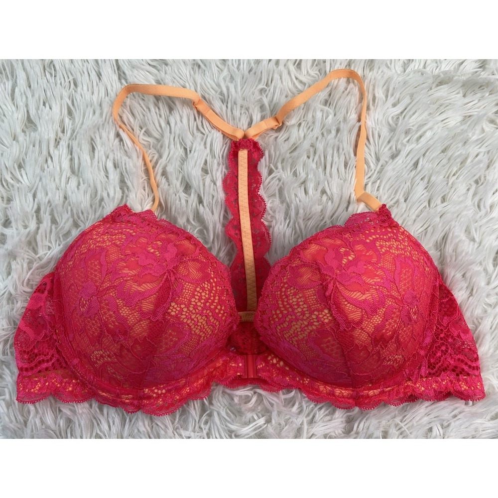 Victoria's Secret PINK Women's 36B Neon Pink Lace Orange Date Racerback Bra
